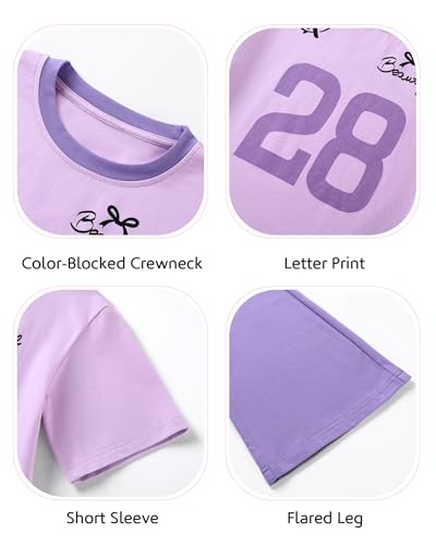 Image of Girls 2 Piece Outfit Colorblock Short Sleeve Graphic Tee & Flared Pants Casual Summer Clothes Set for Age 6-14