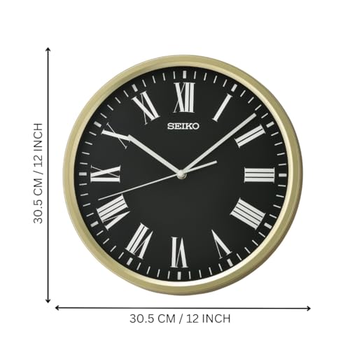 Image of Seiko Classic Round Golden Plastic Analog Home Decor Roman Figure Black Dial Wall Clock with Sweep Movement (Size: 30.5 x 4.5 x 30.5 CM | Weight: 670 gram | Color: Golden)