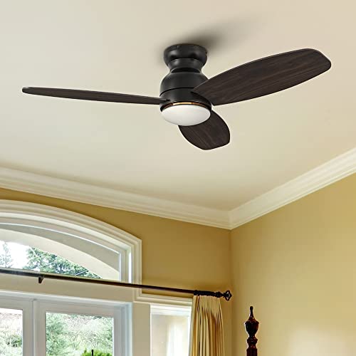 Ceiling Fan With Lights, Indoor & Outdoor Ceiling Fan，52" Low Profile Dc Smart Ceiling Fan Works With Alexa, Siri, Google Home & Smart App, 2 Colors Of Reversible Blades, Dark Walnut & Light Wood #TOP7