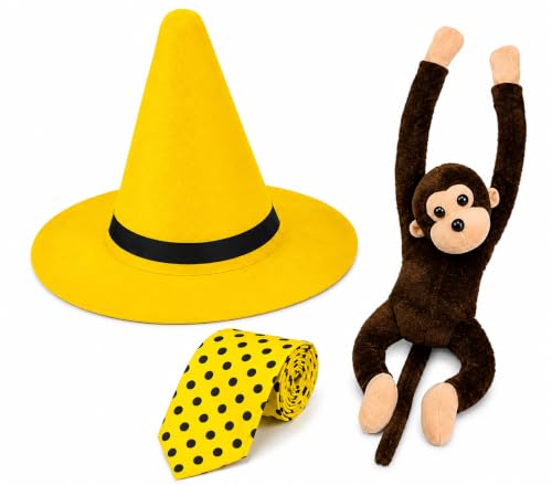 HandinHandCreations Man in the Yellow Hat Costume World Book Day Costume Yellow Hat with Polka Dot Tie Stuffed Monkey for Men Women for School Reading Party Book Character Dress Up Halloween Cosplay