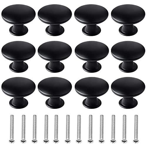 kuou 12 Pcs 30mm Black Cupboard Knobs, Kitchen Cupboard Handles Cabinet Door Knobs, Vintage Matted Round Drawers Cupboard with 12 Screws for Drawer Wardrobe Cupboard Door
