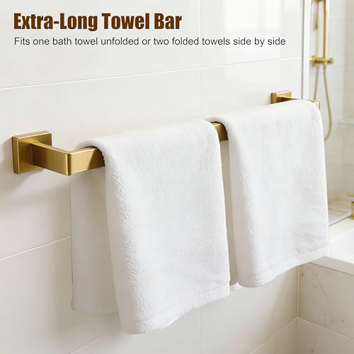 KOSEOO 5-Pieces Brushed Gold Bathroom Hardware Set, SUS 304 Stainless Steel 24.48 Inch Square Towel Bar Set with Towel Ring Robe Towel Hooks and Paper Towel Holder for Bathroom Wall Mounted by KOSEOO - Used condition - Image 5