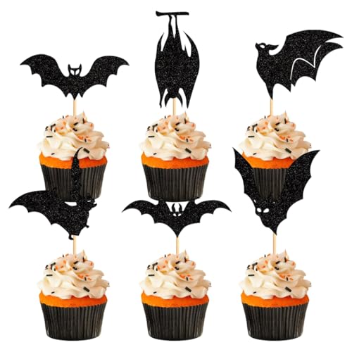 LONZIKP 12 piezas adornos para cupcakes con diseño de murciélago, murciélagos para Halloween, decoración para pasteles de Batman y fiestas de cumpleaños, decoración de tartas (color negro)