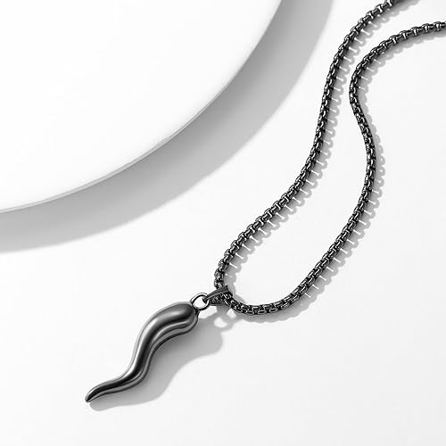925 Sterling Silver Italian Horn Cornicello Lucky Necklace with Stainless Steel Chain 22"+2"2