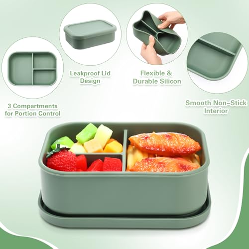 Image of Honeydak 6 Pcs Silicone Bento Boxes, 3 Compartment Lunch Containers | Reusable Silicone Bento Boxes for School, Work and Meal Prep; Microwave, Dishwasher and Freezer Use with Stackable Design