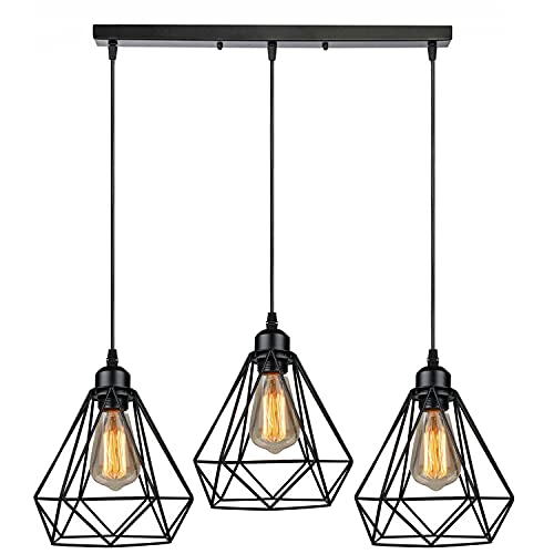 LEDSone Vintage Retro 3 Way Ceiling Pendant Light Cluster Light Fitting Black Diamond Shaped Wire Cage Lampshades, UK E27 Holder Lighting Kit, Black