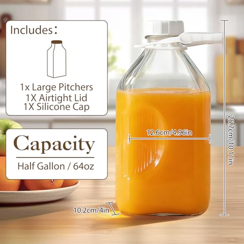 Image of CUCUMI Glass Milk Bottle with Reusable Strong Airtight Screw Lid, 1 Pack 64 Oz Glass Juice Bottles for Almond Milk
