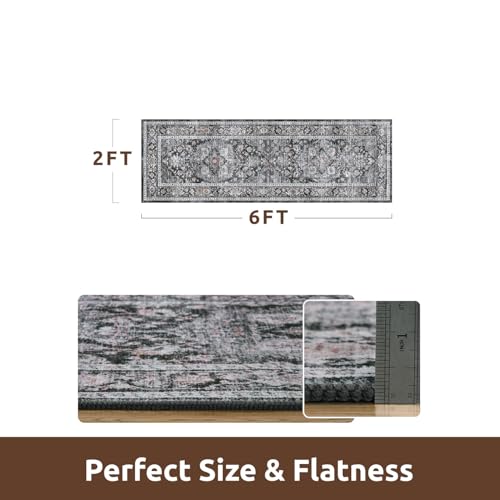AMOAMI-2X6 Runner Rug-Washable Runners for Hallways-Soft Non Slip Bedside Rugs for Bedroom-Vintage Long Rug for Hallways Entryway Laundry Room Stair Kitchen Bathroom Dark Grey & Black