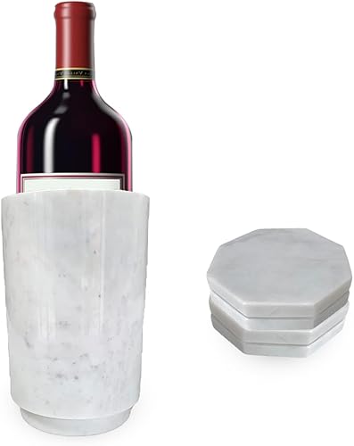 Enfriador de vino grande enfriador de vino de mármol blanco, ideal para fiestas y ocasiones. Este juego incluye 4 posavasos de mármol.