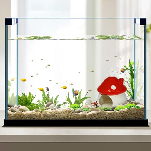 Image of AnRui Cute Mushroom Fish Tank Decoration Ceramic House Aquarium Accessories Hideout Cave Ornament for Small Fish, Shrimp, Goldfish and Reptiles, Red