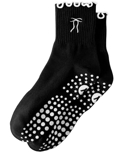 Image of Yawlsow Cute Pilates Grip Socks for Women Ruffle Frilly Yoga Socks Non Slip Cotton Crew Grippy Sock for Barre Workout