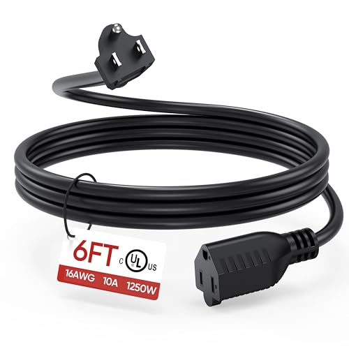 UL Listed 6 FT Heavy Duty Extension Cord, 16AWG 3 Prong Extension Cable, 125V 10A 1250W, Indoor Appliance Power Cord for Home Officee, TV, Computer, Appliances & More