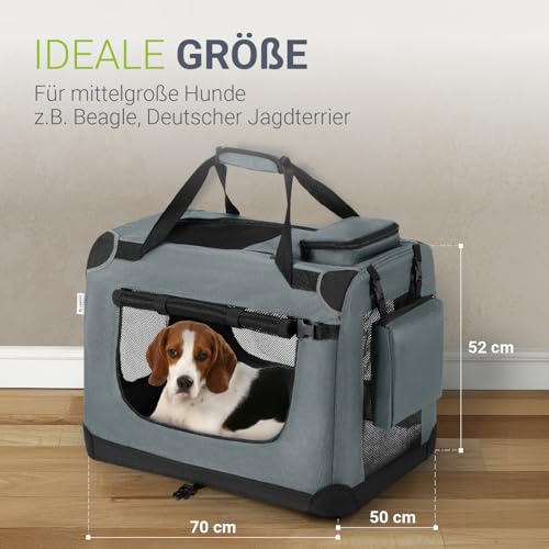 Juskys Hundetransportbox Lassie L faltbar & tragbar 50x70x52 cm mit Decke, Tasche & Griffen - Faltbare Transportbox für Hunde, Katzen & Haustiere - Oxford Stoff Hundebox Auto Hundetasche - Grau