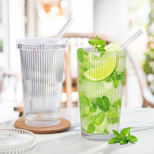Joeyan 375ml Ribbed Glass Cups with Lids and Glass Straws, Set of 2 Glass Tumblers Iced Coffee Glasses - Image 4