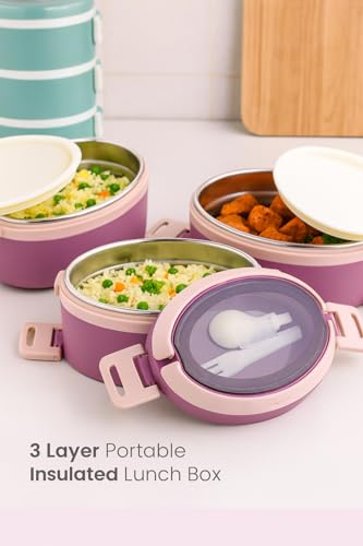 Image of 3 Layer Stainless Steel Insulated Lunch Box-Tiffin Box for Kids,Adults| Leak Proof Double Wall Lunchbox for Office, School Use with Spoon & Lid -Color May Vary (Oval)