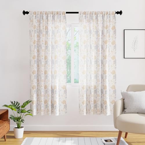 Image of Encasa XO Window Printed Sheer Curtains, Light Filtering Orange Branches | 4.5ft to 10 ft | Lightweight Polyester Twill | Rod Pocket Styling | Machine Washable | Set of 2