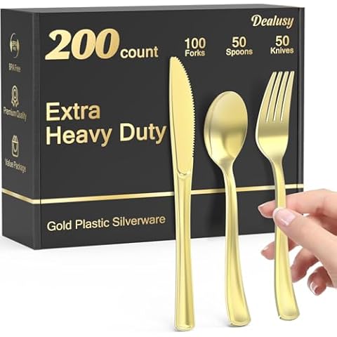 Dealusy 200 Count Heavy Duty Gold Plastic Silverware, 100 Forks, 50 Spoons, 50 Knives, BPA-Free, Heat Resistant, Disposable Gold Plastic Utensils Set, Gold Plastic Cutlery Set, Plasticware Bulk Cover