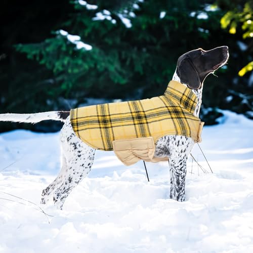 Image of Kuoser Waterproof Dog Coat, Warm Reversible Dog Jacket with Leash Hole | Soft Cozy Dog Cold Weather Coats for Rainy Snow Days, Lightweight Jacket for Large Dogs, Xmas Dogs Snowsuit Yellow 3XL