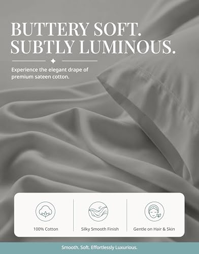 Image of 450TC 100% Cotton Queen Bed Sheets - Silky Smooth Sateen Weave, Paloma