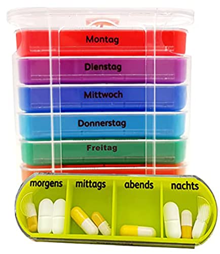 Tablettenbox 7 Tage Medikamentenbox Pillenbox Transparent - Pillen-Tabletten-Dose Medikamentendispenser Wochendosierer Woche 4-Fächer für Morgens Mittags Abends Nachts 1 Stück Cover