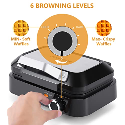 Belgian Waffle Maker Monxook, Non-Stick Waffle Iron With 6 Browning Control, Makes 2 Slices Of 1" Thick Waffles, Mess-Free Sides, Pfoa Free, Stainless Steel/Black #TOP1