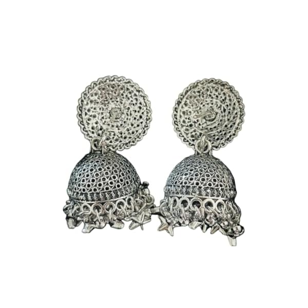 Stylish Oxidized Star Drop Silver Jhumka Earrings with Turquoise Beads & Dangles for Women - Image 6
