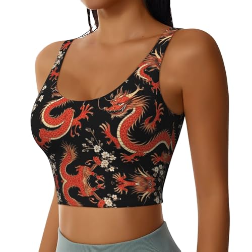 Cozy for Japanese Chinese Dragon Flower Black Floral Yoga Bra for Women Girls, U-Shaped Back Tops with Pads Control Shapewear Outfit for Sports Fitness