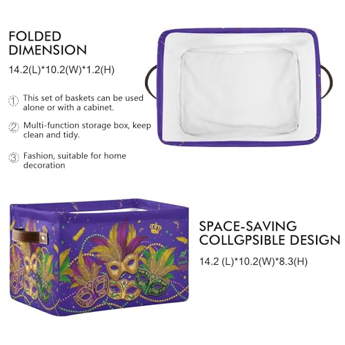 Image of Mardi Gras Purple Storage Basket with Waterproof Liner and PU Handles Masquerade Mask Fleur de Lis Storage Bins Boxes 14.2 inch Collapsible Decorative Organizer Baskets for Bedroom Closet Office 1 Pack