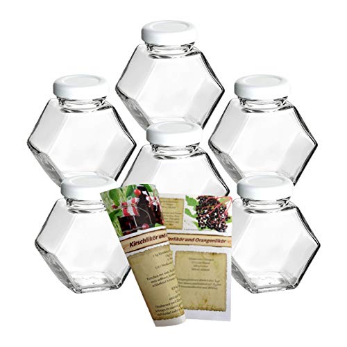 gouveo Lot de 12 bocaux en nid d'abeille de 100 ml avec couvercle à visser blanc, bocaux de conservation à miel, confiture, épices avec livret de recettes Flaschendiscount Cover