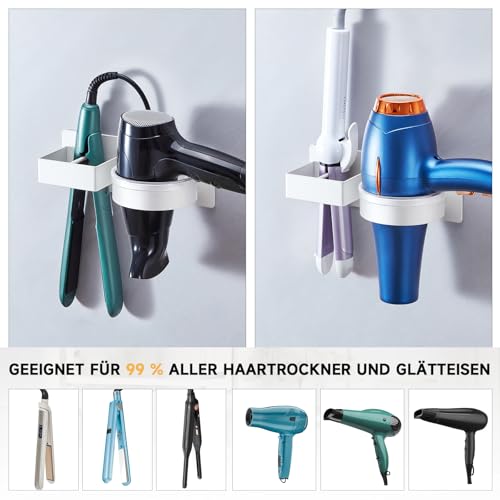 YYBO Fönhalter Ohne Bohren, Glätteisen Halterung, Föhn Halterung für Haartrockner und Glätteisen, Föhnhalter Wand, Haartrocknerhalter Wandhalterung, Selbstklebend Fönhalterung für Bad Hotel (Weiß) 5