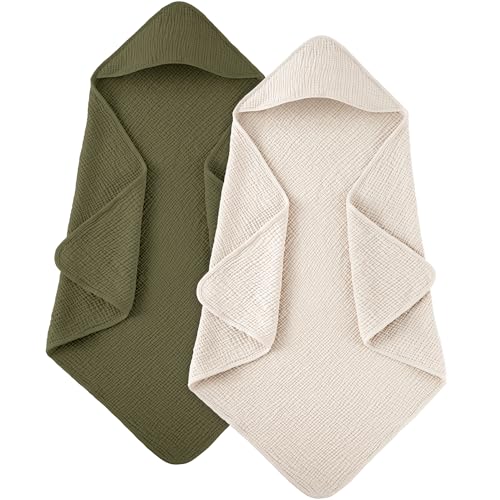 Image of Susurration Hooded Baby Towels for Newborn 2 Pack 100% Muslin Cotton Towel for Babies，Highly Absorbent and Newborn Essential 30x30 Inch Cream&Dark Green