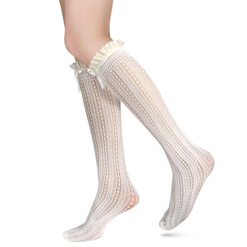 Benefeet Sox Womens Girls Lace Knee High Socks with Bow Kawaii Frilly Ruffle Mesh Fishnet Knee High Stockings Novelty Fancy Dress Socks Cute Lolita Calf Socks See Through Transparent Socks