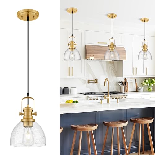 Image of 7.5 inch Brushed Gold Pendant Lights Kitchen Island, Seeded Glass