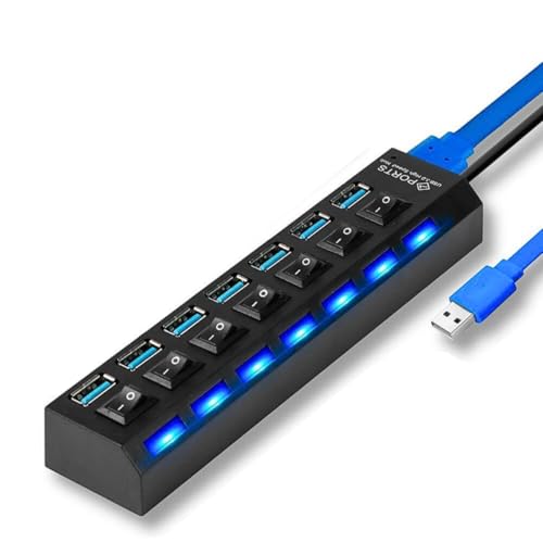 Hub Usb 3.0 7 Portas Extensão Rápida Pendrive Not HD Mouse, LED Indicador, Cabo 50cm, Botões Liga/Desliga Individual Multiportas USB Extensor