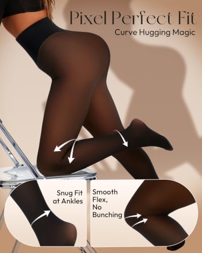 Image of Fleece Lined Tights Women One Line High Waist Warm Sheer Fleece Tights Thick Thermal Pantyhose Winter Black