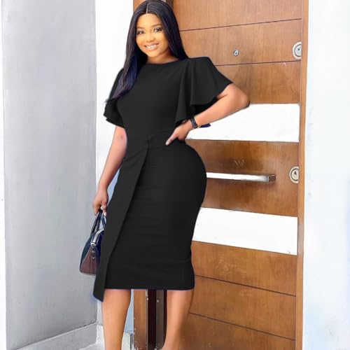 WUSENST Women's Elegant Basic Bodycon Ruffle Flared Short Sleeve Solid Crew Neck Pencil Midi Dress2