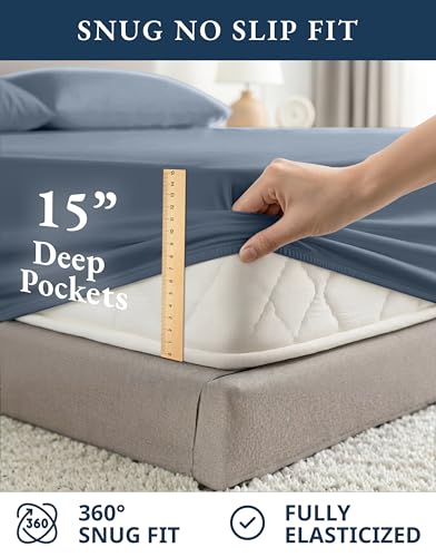 Image of LANE LINEN 100% Organic Cotton Twin Bed Sheet Set, Luxury Hotel Style Fade Resistant Deep Pocket Machine Washable Twin Size Sheet Set, Eco Friendly Mercerized Cotton Sheets- Estate Blue