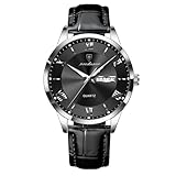Poedagar Relojes de negocios para hombre, impermeable, luminoso, fecha, semana, lujo, cuero, reloj de cuarzo exquisito para hombre, Plateado negro