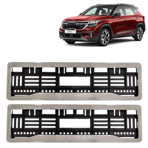 Image of KINGSWAY Seltos Car Number Plate Frames Chrome for All 2023 Onwards Models of Kia Car Registration Plate Holders, Licence Plate Covers (Front and Rear), Universal Size 51.5 x 14.5 cm