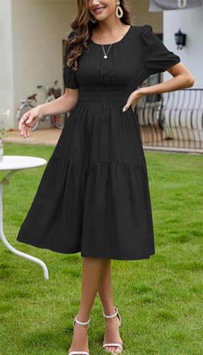 Image of Kormei Women Summer Casual Boho Floral Round Neck Short Sleeve Smocked Waist Tiered Flowy Swing Midi Dress
