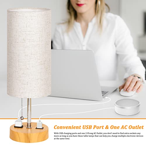 Usb Bedside Table Lamp, 2700K 4000K 5000K Wood Nightstand Lamp With Pull Chain, Bedside Lamp With Usb Port & Ac Outlet, Table Lamps For Bedrooms Living Room, Bulb Included, Fabric Linen Lamp Shade #TOP4