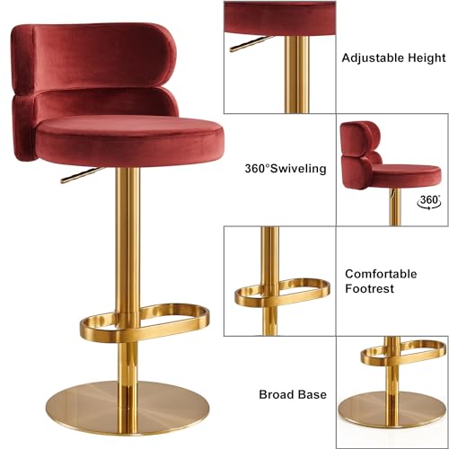 Butaco moderno de terciopelo, giratorio y con altura ajustable, para barra de cocina o isla, con respaldo y reposapiés, silla tapizada con base dorada, color rojo, 1 unidad miniatura 4