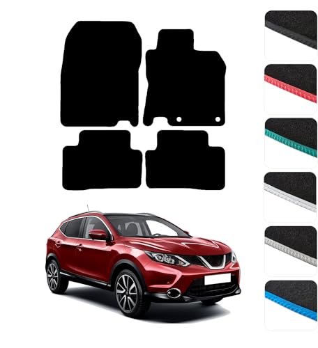 GCM - Car Floor Mats for Nissan Qashqai 2014 To 2021 Full Coverage Floor Protection - Anti Slip & Fit Car Mat with Clips Easy to Clean Car Carpet for All-Weather- Black Egding Carpet
