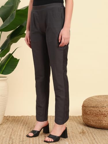 Image of Vogaan Women's Cotton Silk Pant | Half-Elasticated Waist Slim Fit Trouser for Women | Casual Pocket Pants for Office Formal Daily Use