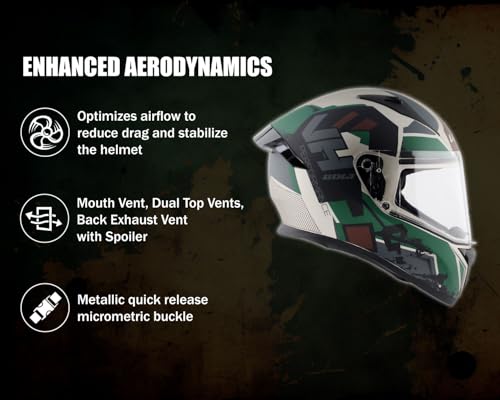 Image of Vega Bolt Army Full Face Motorcycle Helmet with Matte Shell, Shock Absorbing Liner, Comfortable Interior, Ventilated Fit, Lightweight Build, and Trendy Dull Mud Battle Green Finish Dull Mud Battle Green-L