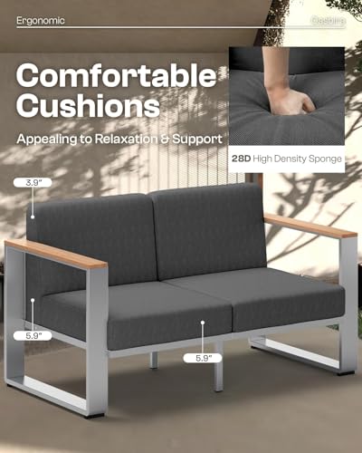 Image of Aluminum Patio Furniture Set, 5 Seats Outdoor Patio Conversation Sets with Ergonomic Seat and Wide Washable Thick Cushions, Modern Outdoor Sectional Furniture for Balcony, Porch