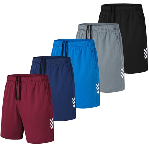 Zoofly Men Gym Shorts Sports Workout Shorts 5 Pack Men Exercise Training Lightweight Short for Jogging Basketball Black/Grey/Navy/Blue/Red-L