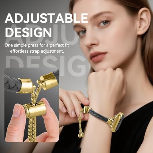 Image of Leather and Metal Band Compatible with Apple Watch Bands for Women,Adjustable Designer Cute Stylish Strap for iWatch Series11 /10 /9 /8 /7 /6 /5 /4 /3 /2 /1 /SE /Ultra