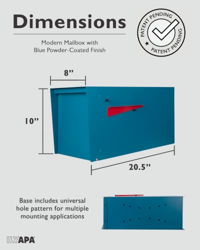 Image of Ilyapa Modern Mailbox for Outside Post Mount - Blue Powder Coated Metal Mailbox, Waterproof Letter Box for Parcels, Recessed Magnetic Close Door
