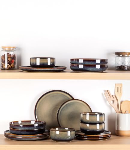 Image of TheTerra Ceramic Dinnerware Sets for 4, 12 Pieces Handmade Reactive Glaze Plates and Bowls Set, Scratch Resistant Dish Set, Oven & Microwave & Dishwasher Safe